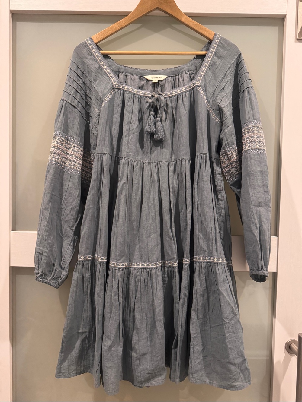 Lucky Brand Dusty Blue Embroidered Tiered Peasant Dress